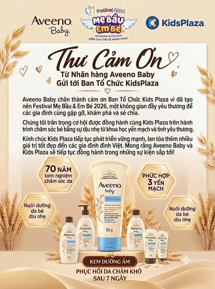 Thư cảm ơn của nhãn hàng Aveeno Baby gửi Ban Tổ chức Festival KidsPlaza