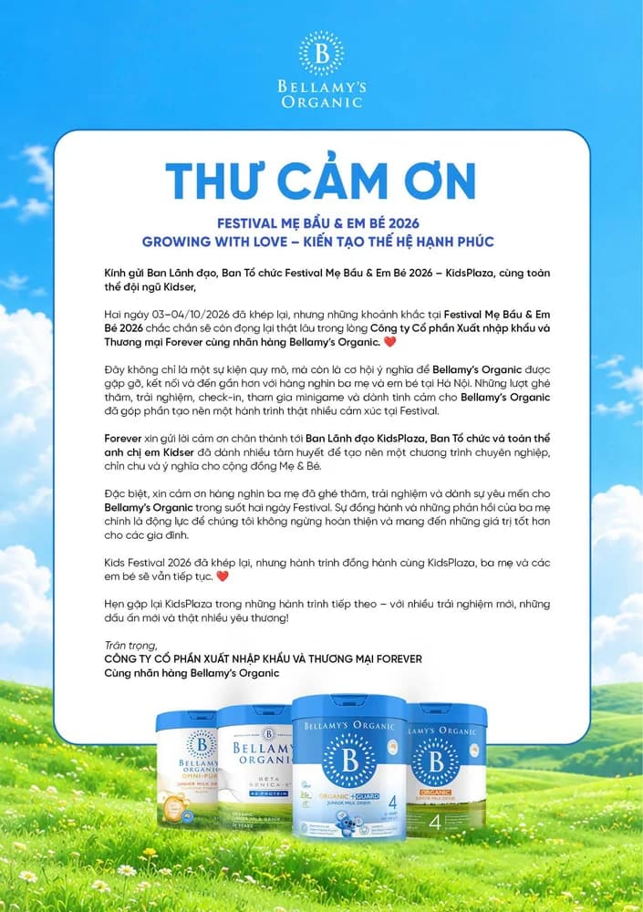 Thư cảm ơn của nhãn hàng Bellamy's Organic gửi Ban Tổ chức Festival KidsPlaza