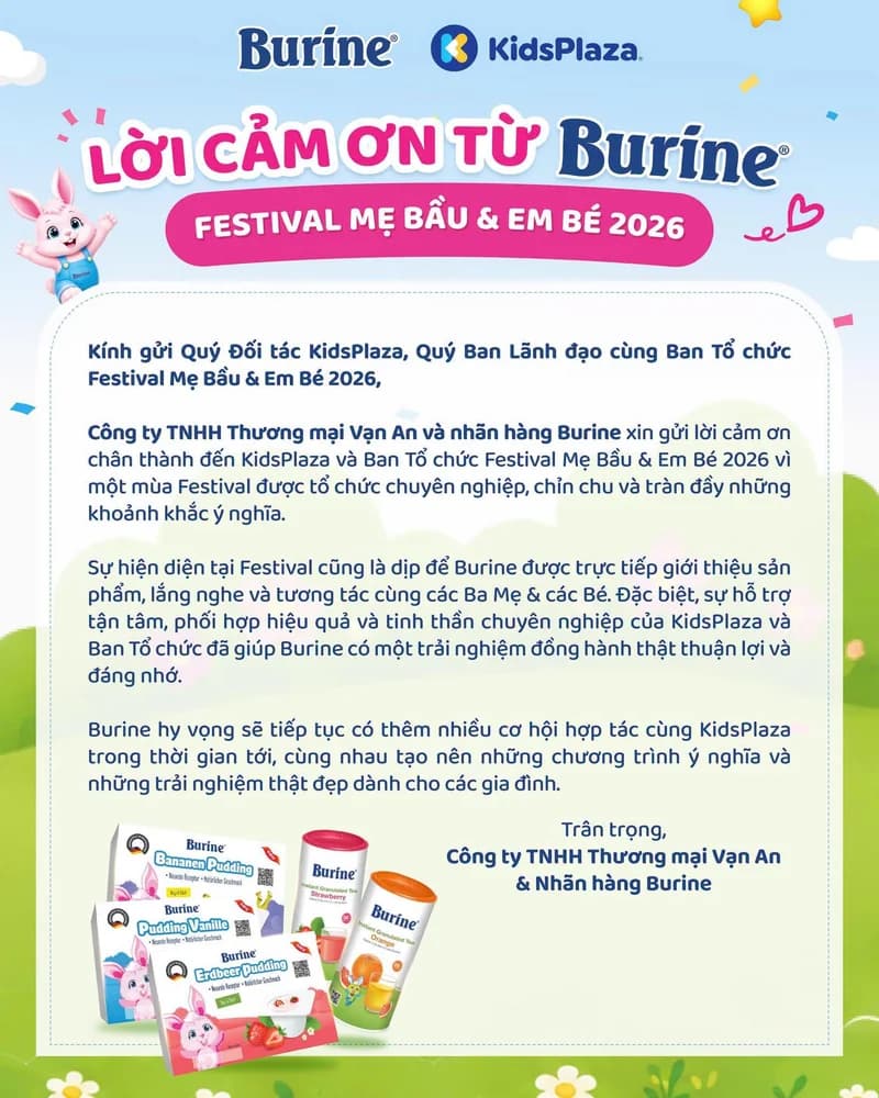 Thư cảm ơn của nhãn hàng Burine gửi Ban Tổ chức Festival KidsPlaza