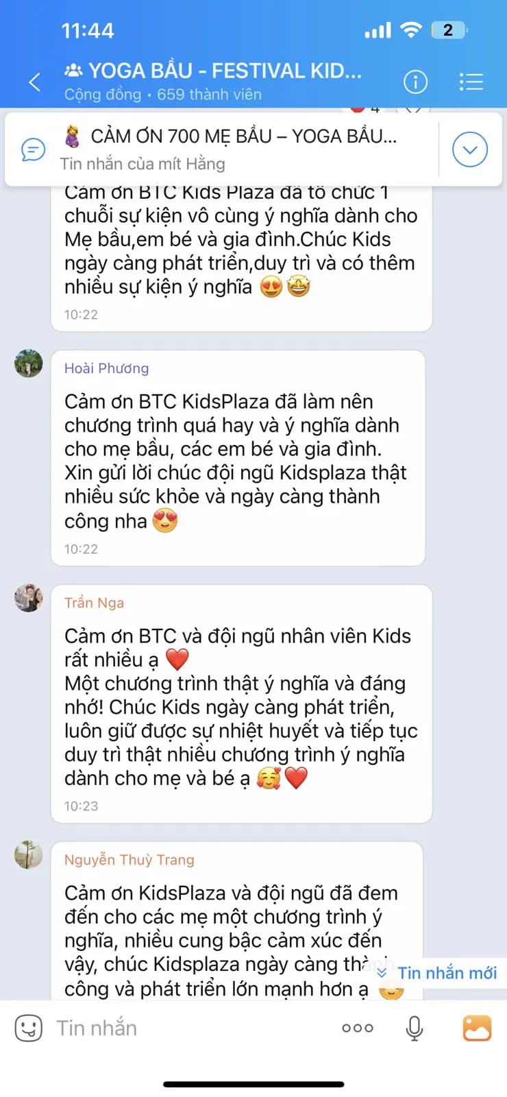 Tin nhắn cảm ơn từ nhóm Yoga Bầu