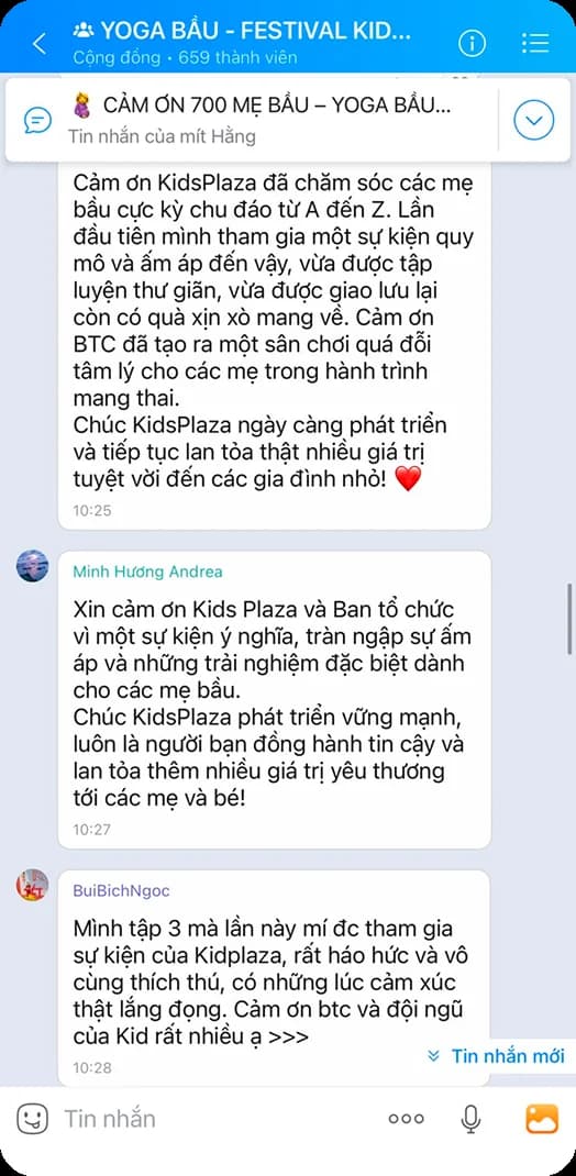 Tin nhắn cảm ơn từ nhóm Yoga Bầu